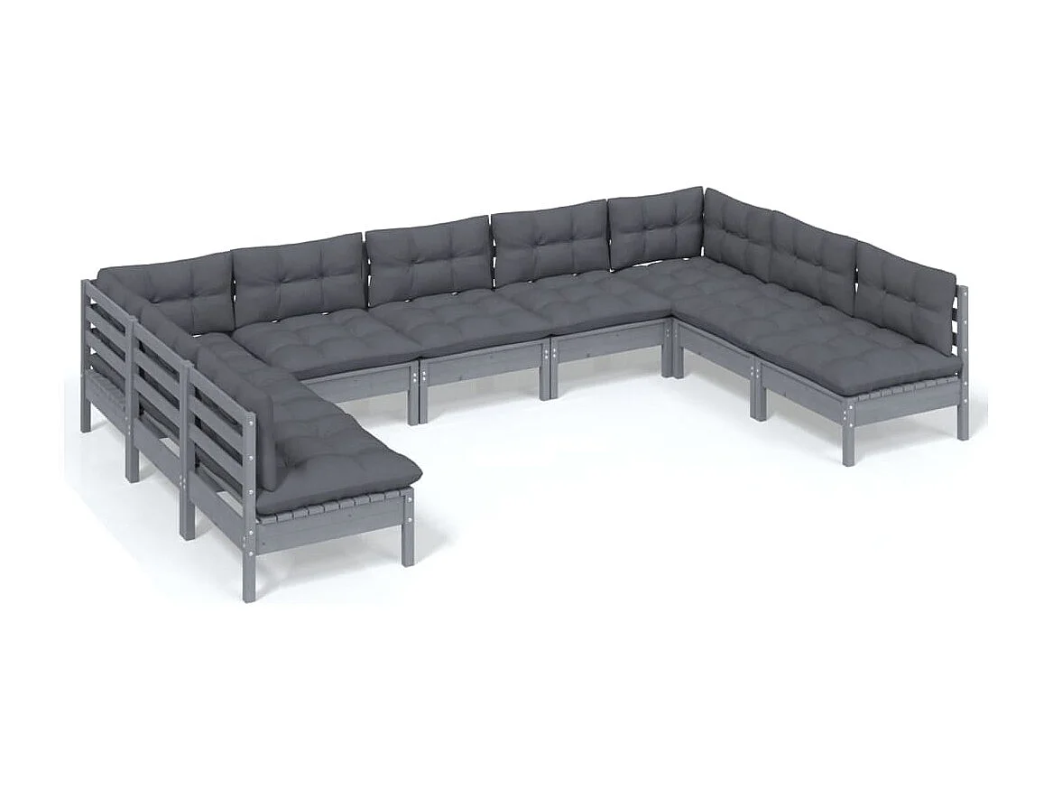 9-delige Loungeset met kussens massief grenenhout grijs