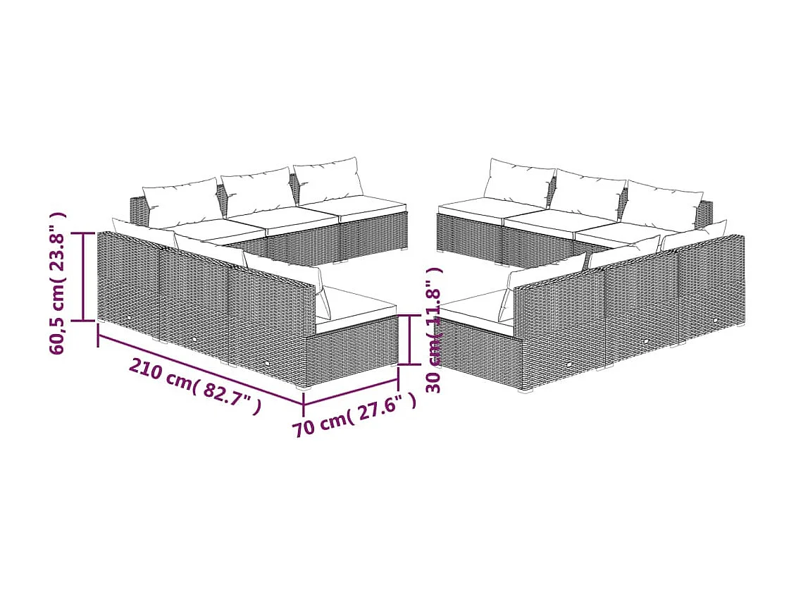 12-tlg. Garten-Lounge-Set mit Kissen Poly Rattan Braun