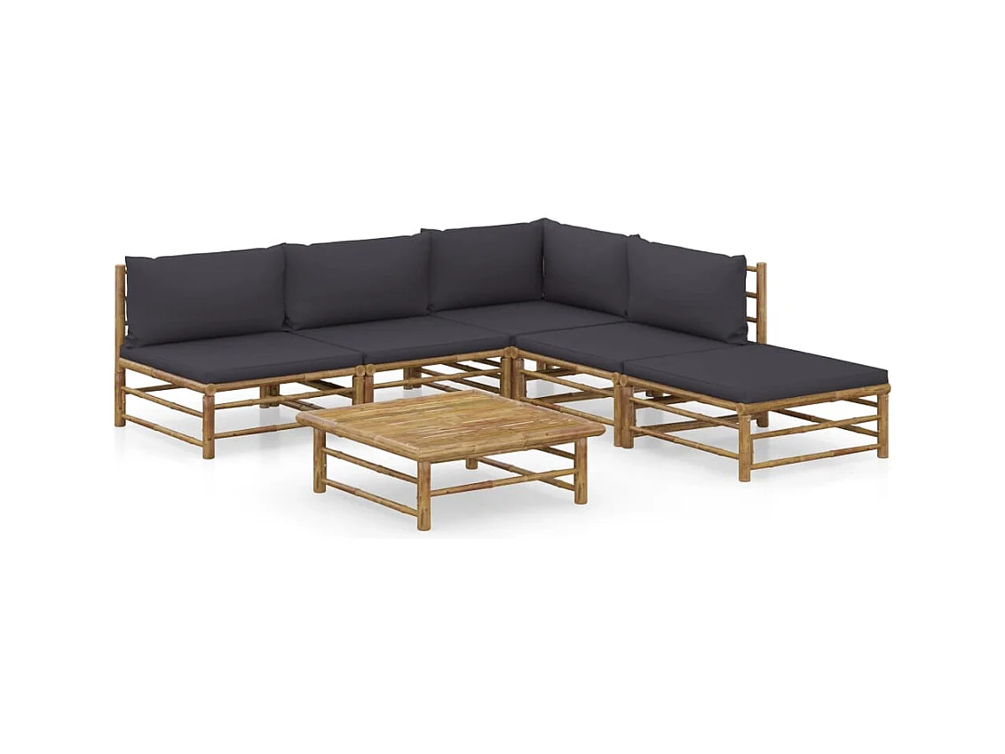 Salon de jardin 6 pcs avec coussins gris foncé bambou