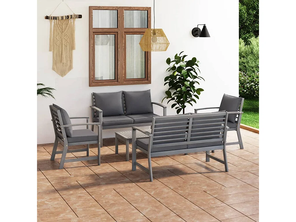 Salon de jardin 5 pcs avec coussin Bois d'acacia solide Gris