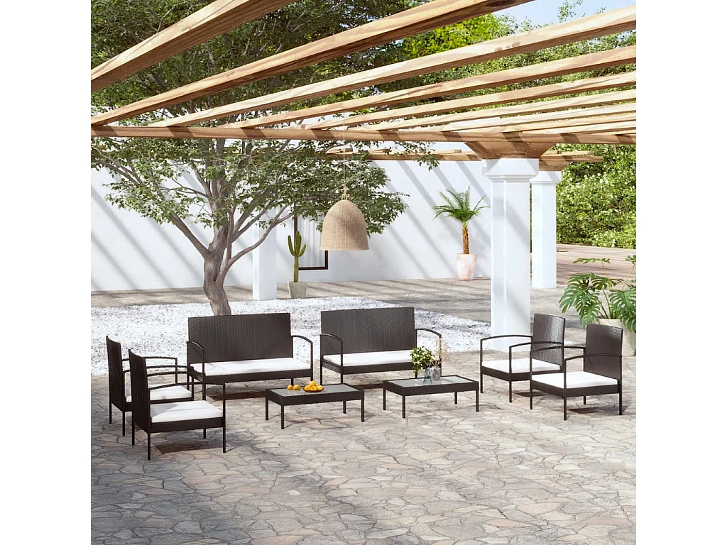 Salon de jardin 8 pcs avec coussins résine tressée noir