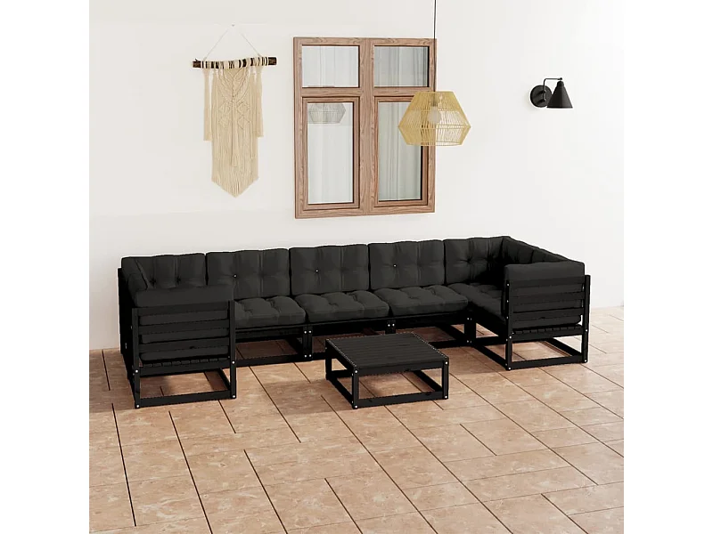 Salon de jardin 8 pcs avec coussins Noir Bois de pin massif