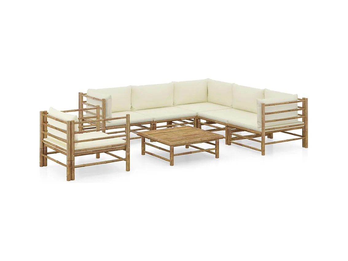 Salon de jardin 7 pcs avec coussins blanc crème bambou