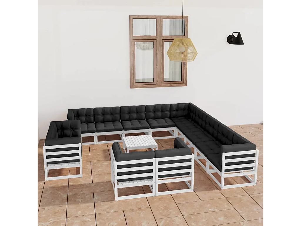 Salon de jardin 14 pcs avec coussins Blanc Bois de pin massif