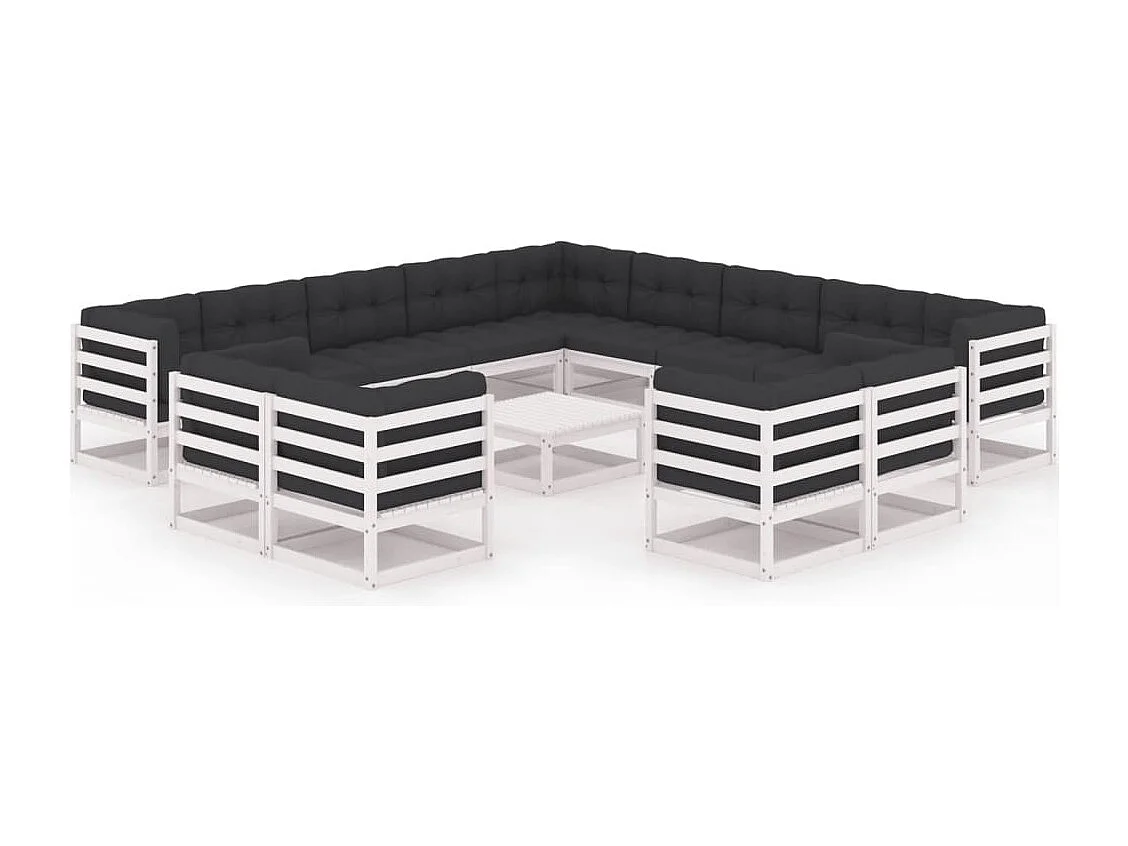 Salon de jardin 14 pcs avec coussins Blanc Bois de pin massif