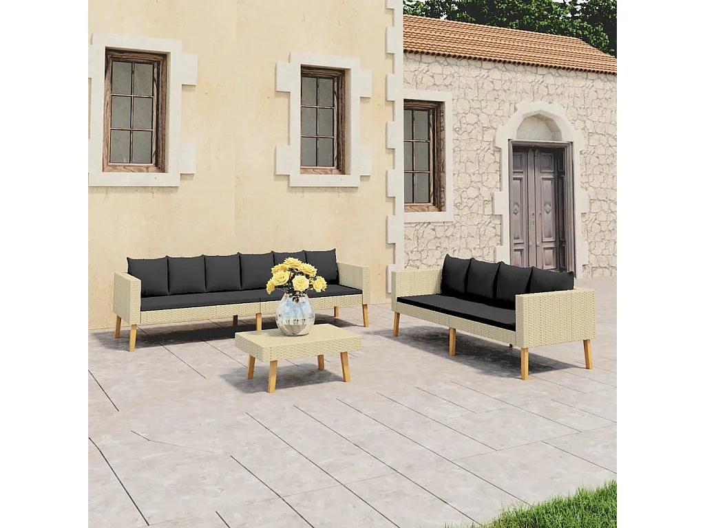 3-tlg. Garten-Lounge-Set mit Auflagen Poly Rattan Beige