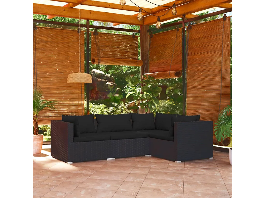 4-tlg. Garten-Lounge-Set mit Kissen Poly Rattan Schwarz