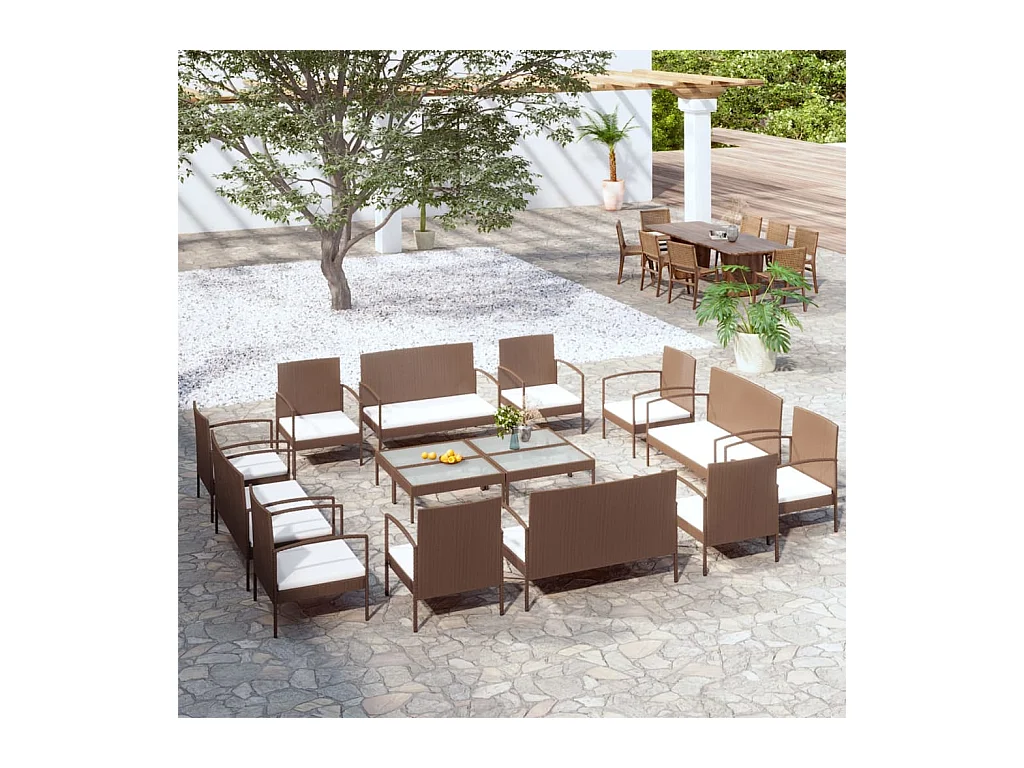 16-delige Loungeset met kussens poly rattan bruin
