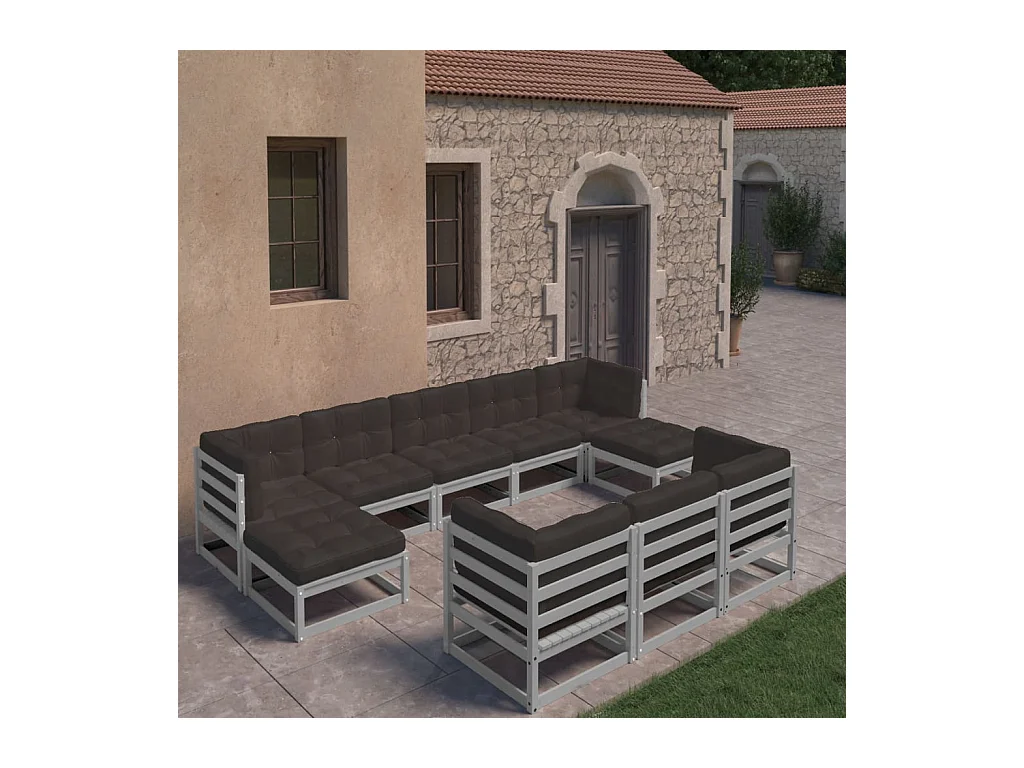 Salon de jardin 10 pcs avec coussins Gris Bois de pin massif