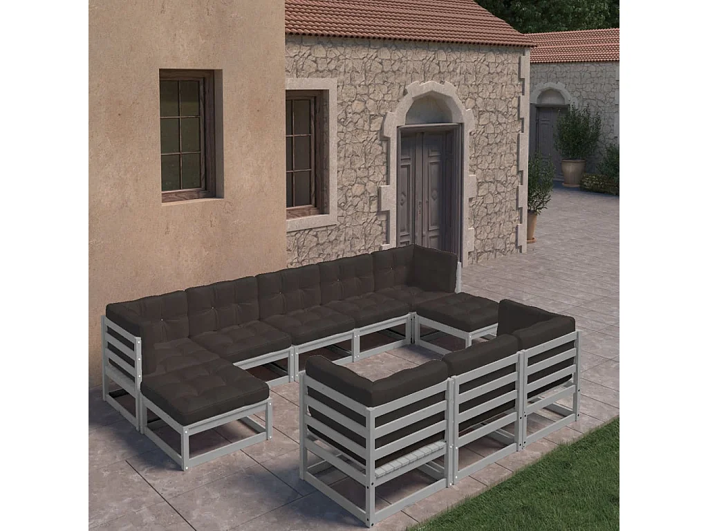 10-tlg. Garten-Lounge-Set mit Kissen Grau Massivholz Kiefer