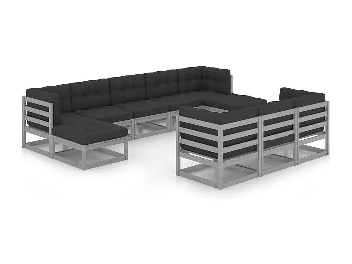 10-tlg. Garten-Lounge-Set mit Kissen Grau Massivholz Kiefer