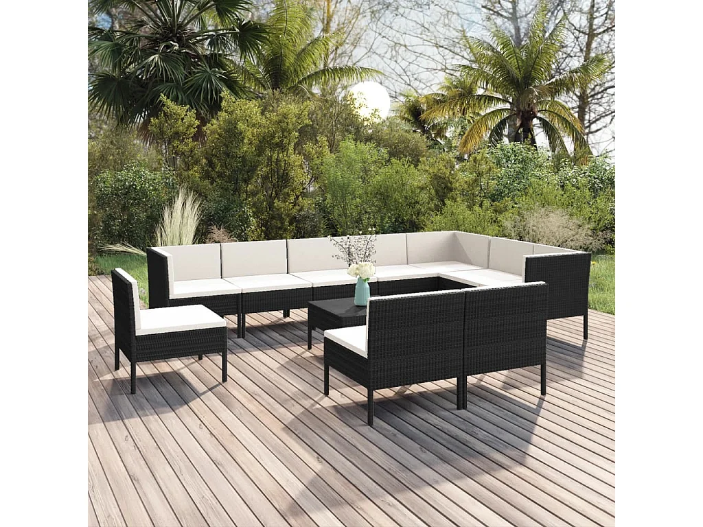 11 pcs conjunto lounge de jardim c/ almofadões vime PE preto