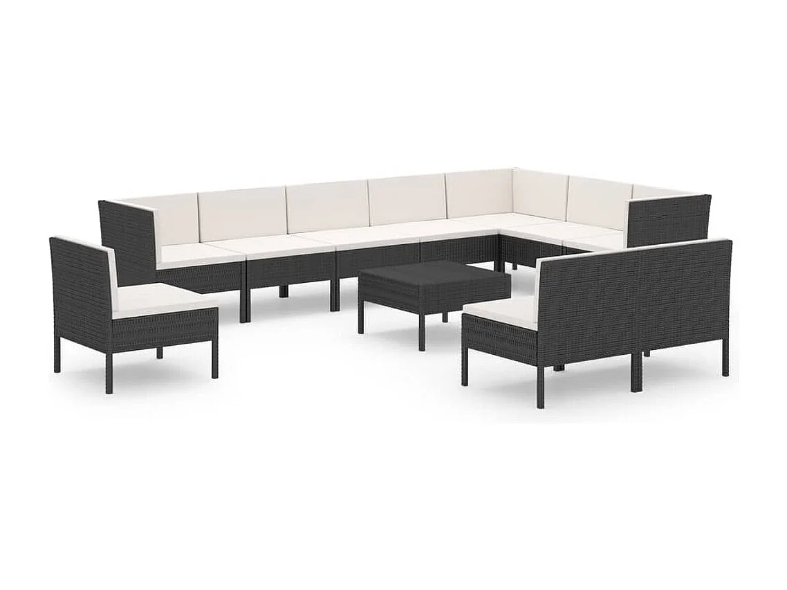 11 pcs conjunto lounge de jardim c/ almofadões vime PE preto