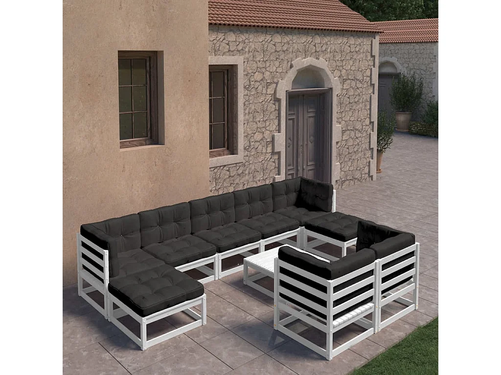 Salon de jardin 10 pcs avec coussins Blanc Bois de pin massif