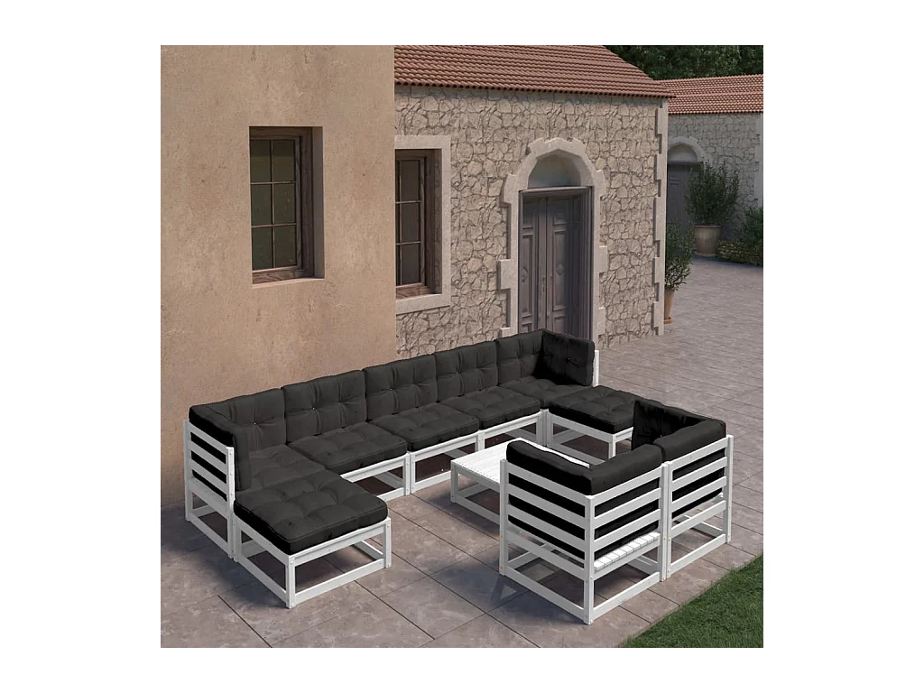 10-delige Loungeset met kussens massief grenenhout wit