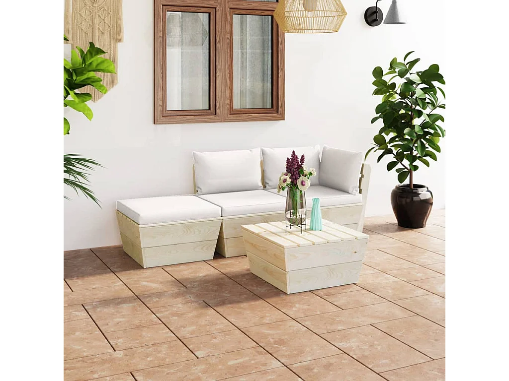 Set Divani da Giardino su Pallet 4 pz con Cuscini Legno Abete
