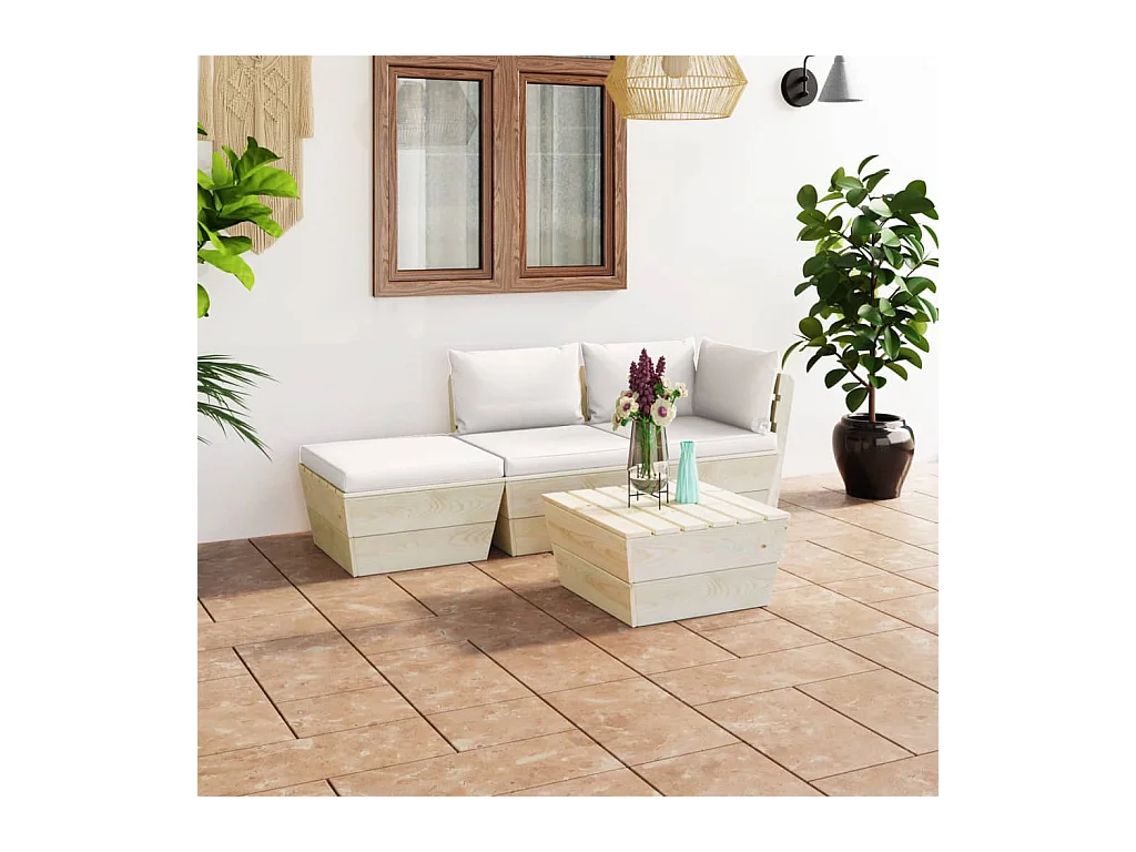 Salon de jardin palette 4 pcs avec coussins Épicéa imprégné