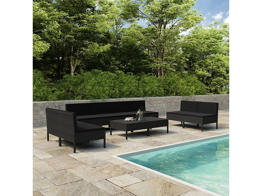 Salon de jardin 10 pcs avec coussins Résine tressée Noir