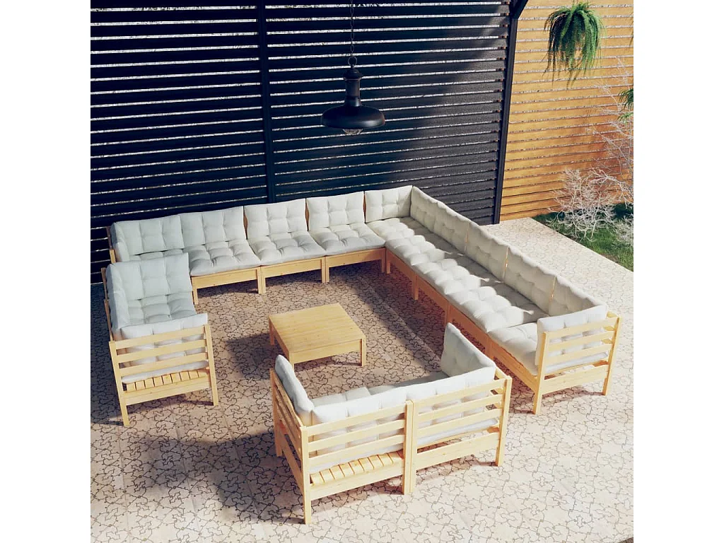 Salon de jardin 14 pcs avec coussins crème Bois de pin solide