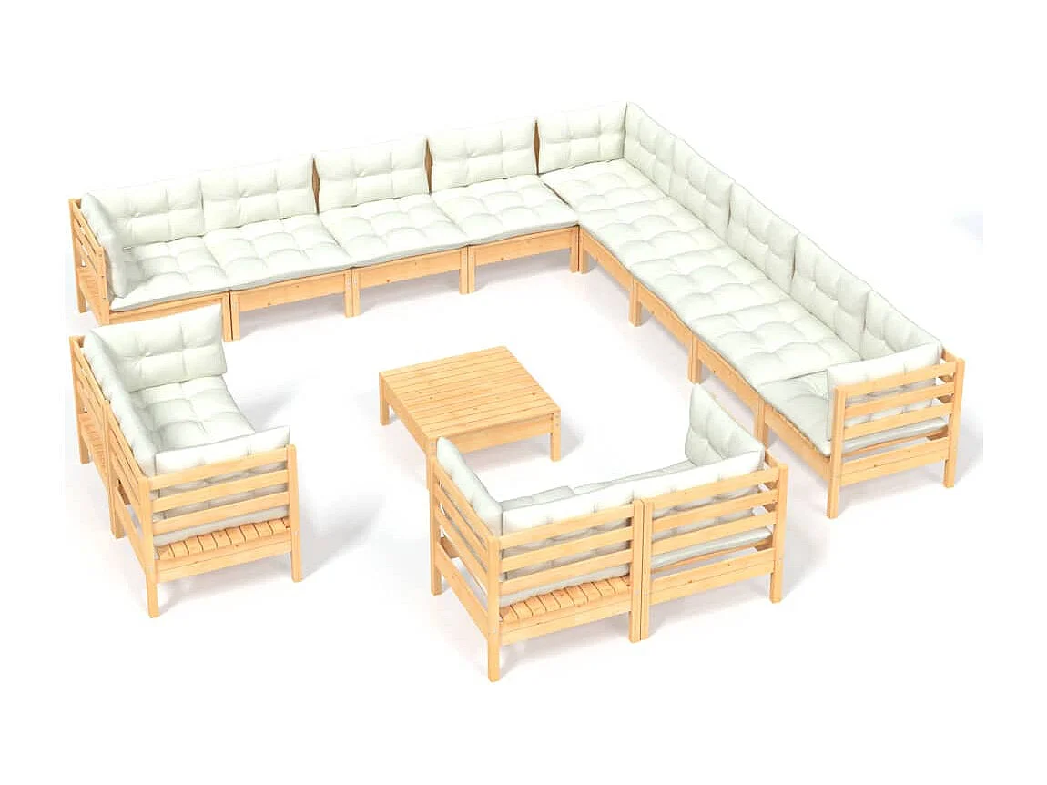 Salon de jardin 14 pcs avec coussins crème Bois de pin solide