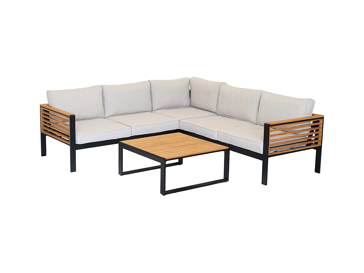 Salon de jardin détente en aluminium noir mat et aspect teck Martinique avec table basse - Jardiline