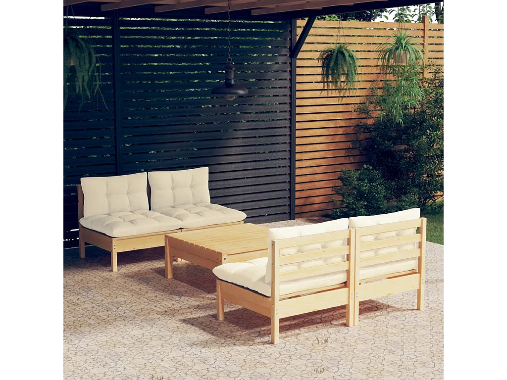 5-delige Loungeset met crèmekleurige kussens grenenhout