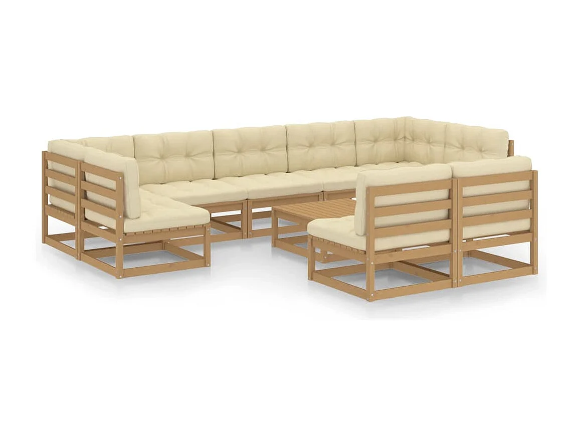 Salon de jardin 10 pcs avec coussins Marron miel Bois de pin