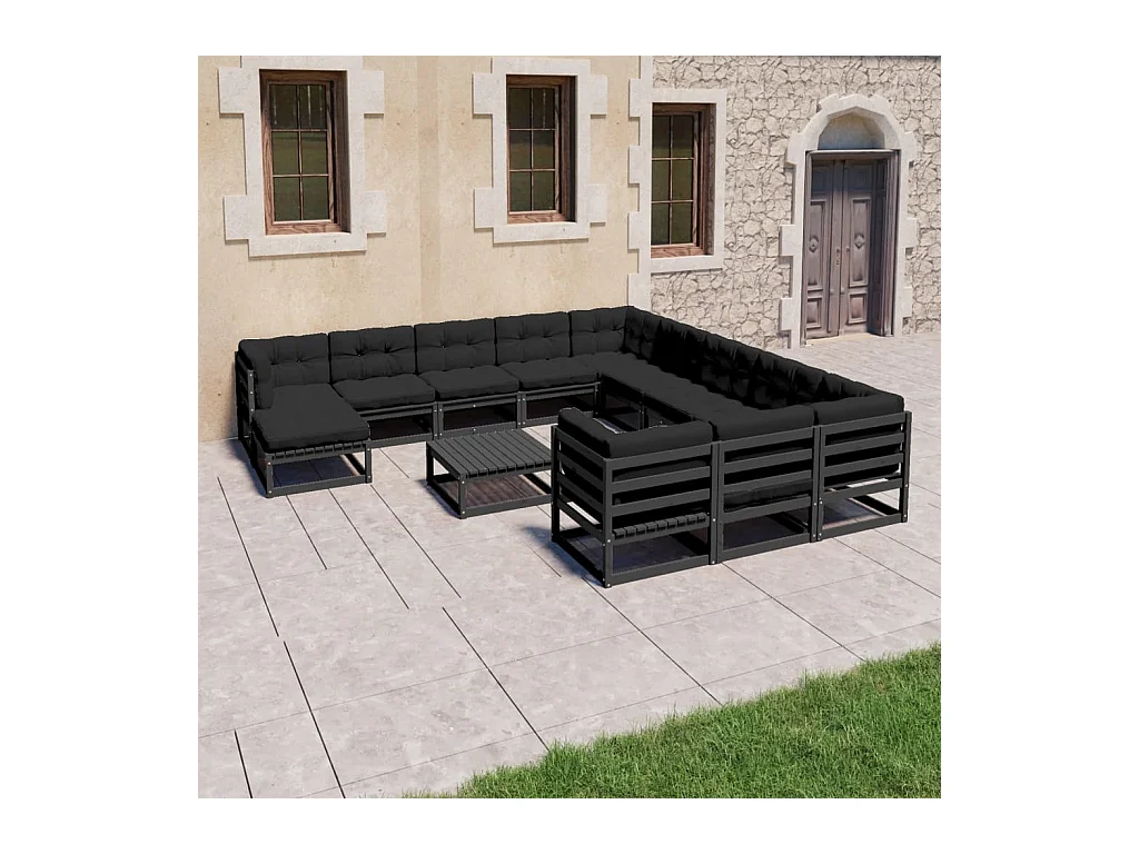 13 pcs conjunto longue jardim c/ almofadões pinho maciço preto