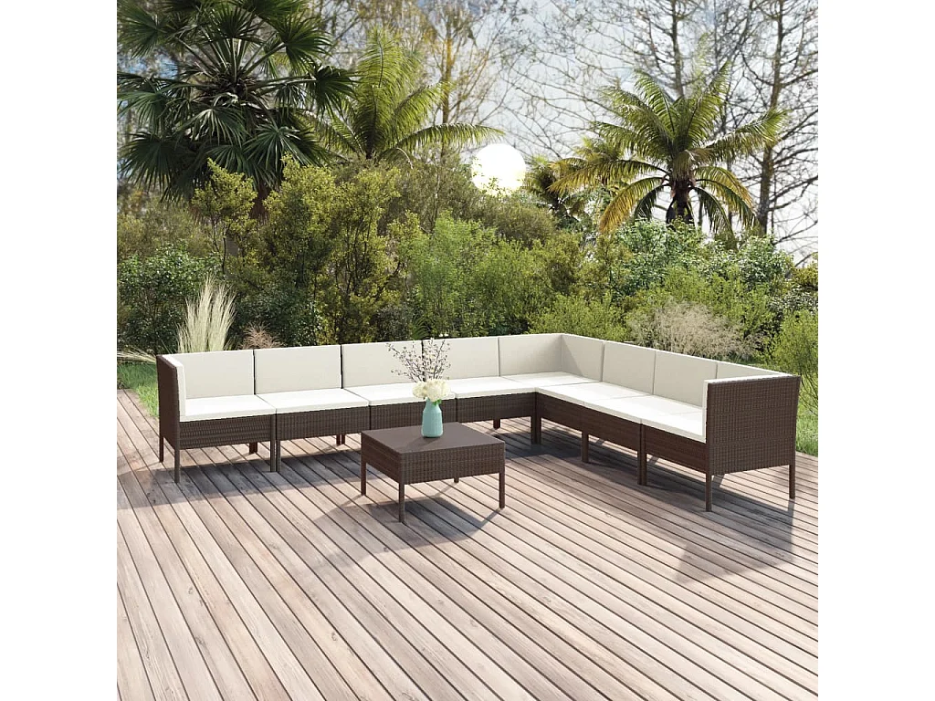 Salon de jardin 9 pcs avec coussins résine tressée marron