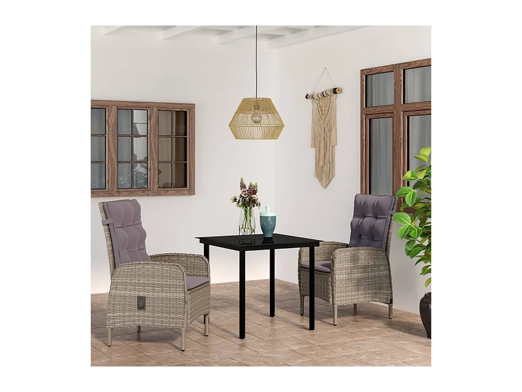 Ensemble à manger de jardin et coussins 3 pcs Gris et noir