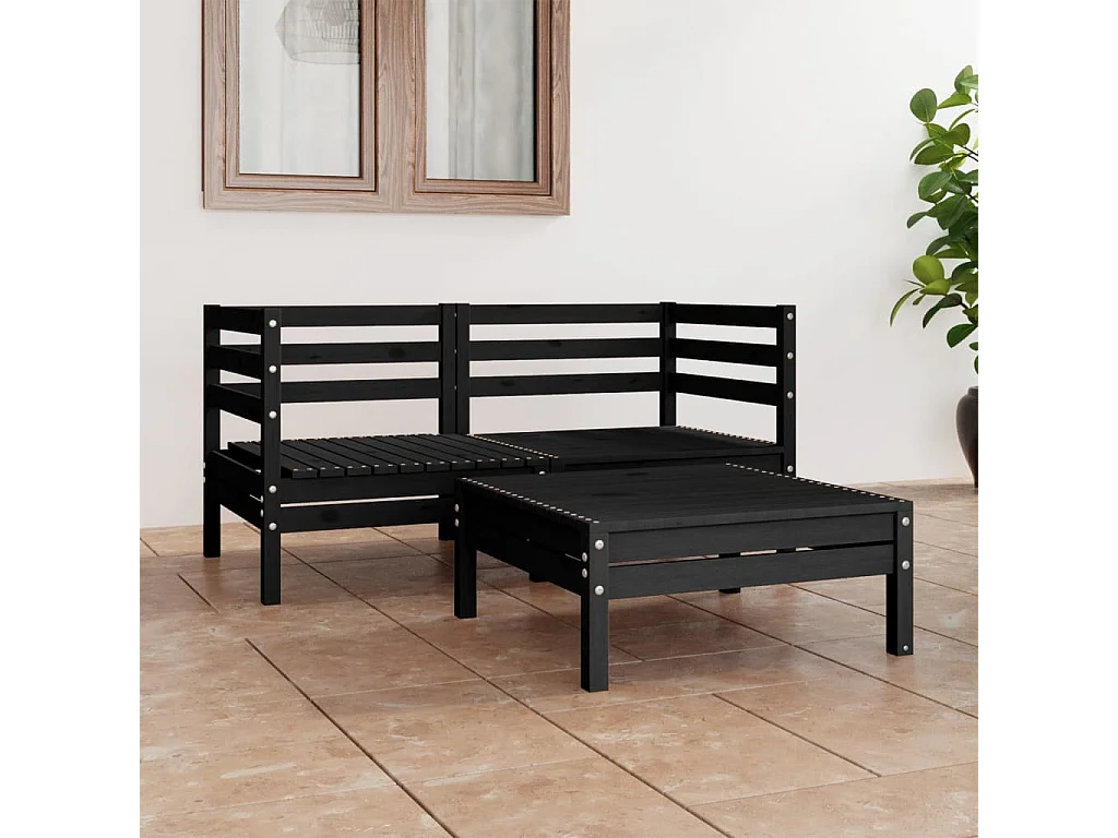 Salon de jardin 3 pcs Noir Bois de pin massif