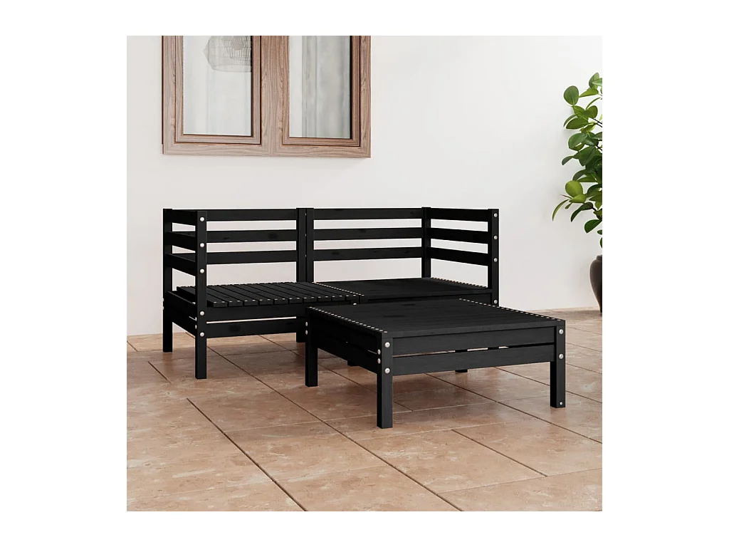3-tlg. Garten-Lounge-Set Schwarz Massivholz Kiefer