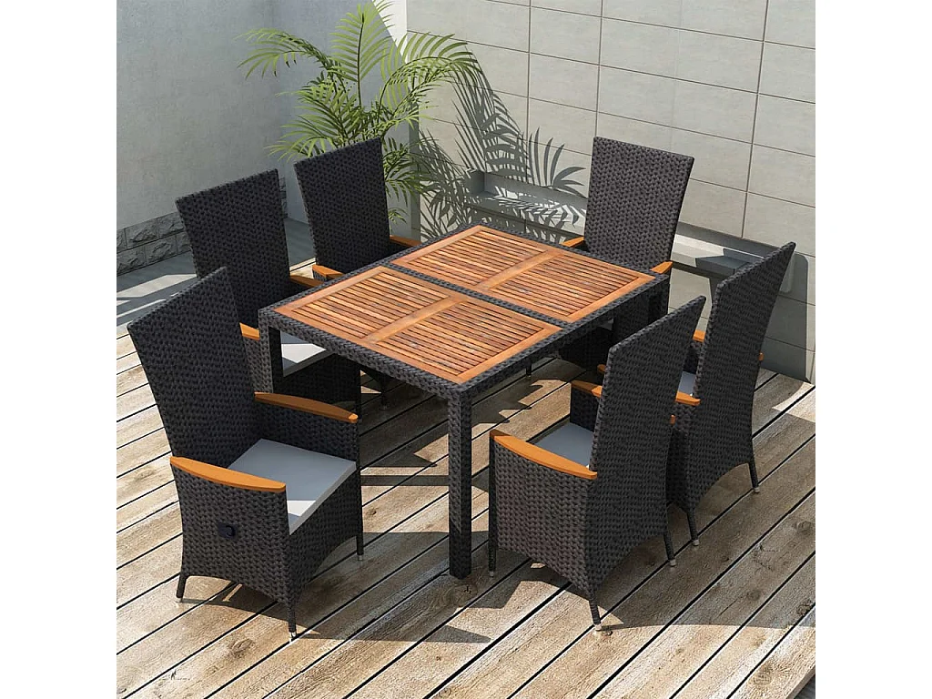 Ensemble à manger d'extérieur 7pcs Résine tressée acacia Noir
