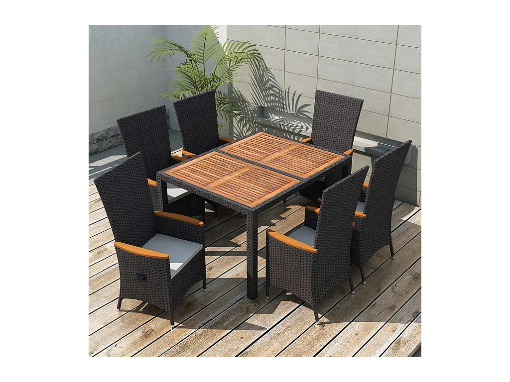7-delige Tuinset poly rattan acaciahout zwart