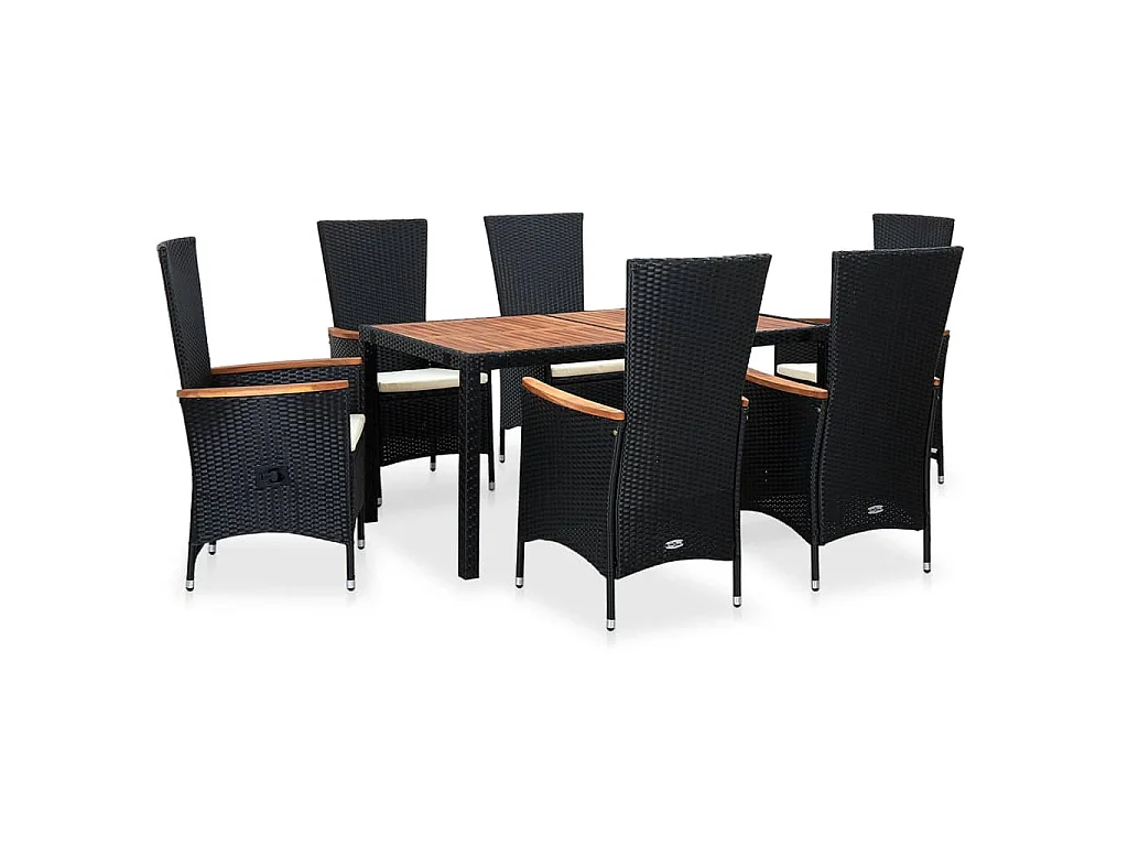 7 pcs conjunto jantar p/ exterior vime PE madeira acácia preto