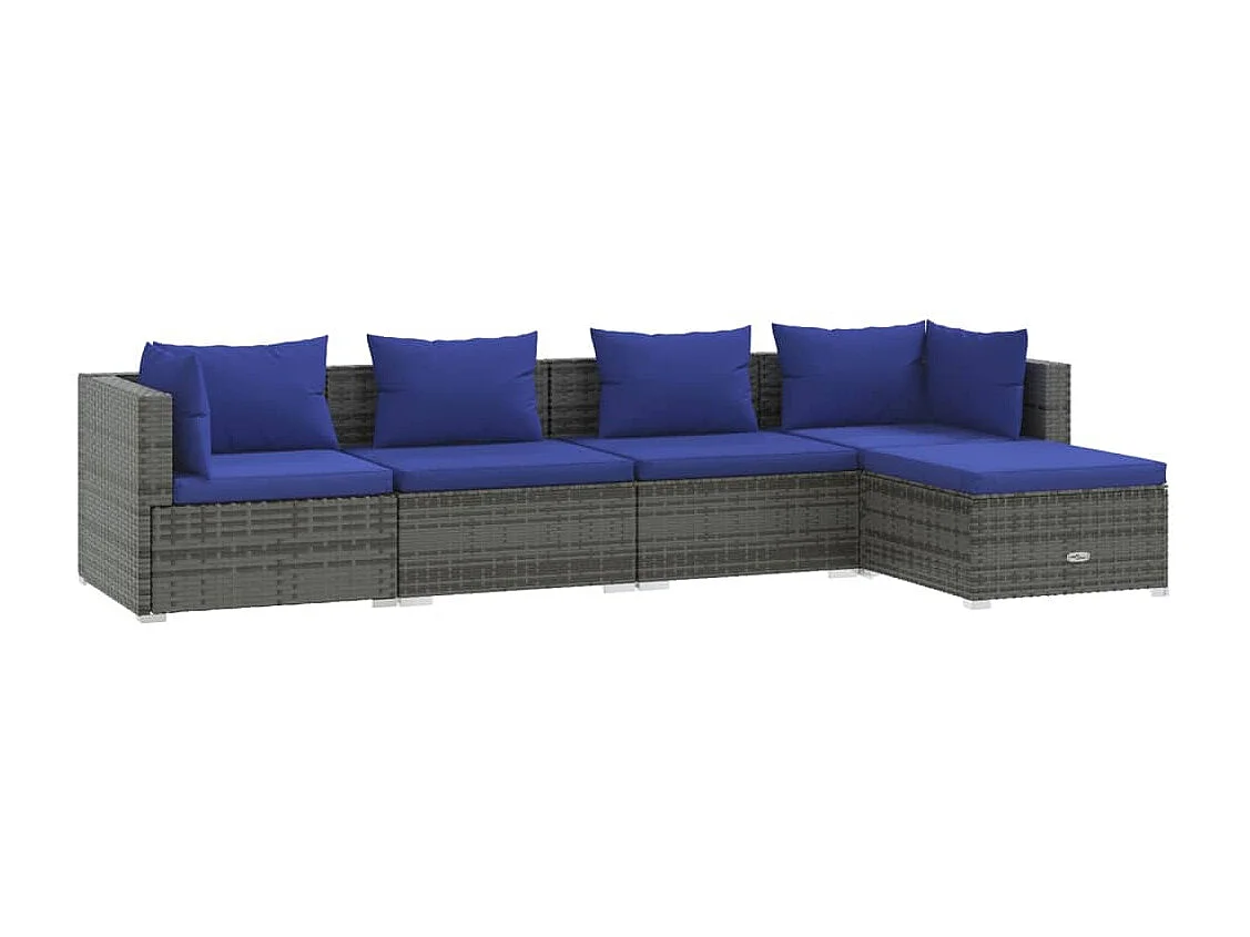 5 pcs conjunto lounge de jardim c/ almofadões vime PE cinzento