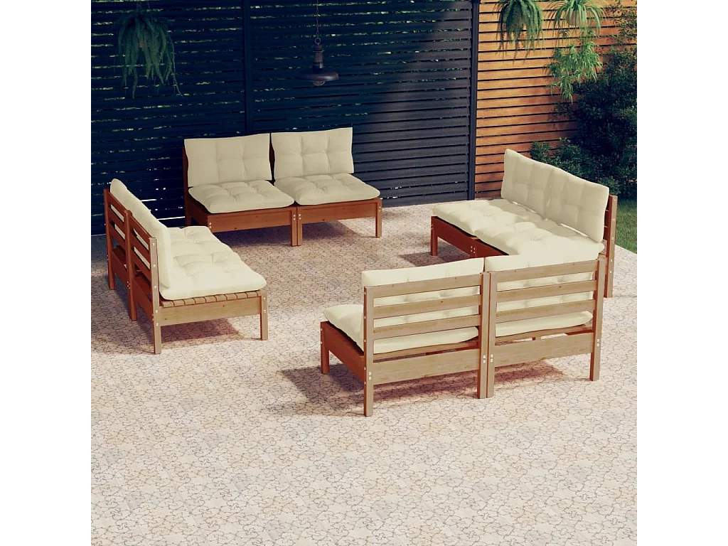 Salon de jardin 8 pcs avec coussins crème Bois de pin