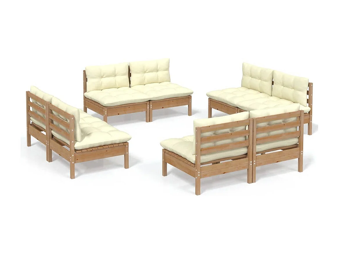 Salon de jardin 8 pcs avec coussins crème Bois de pin
