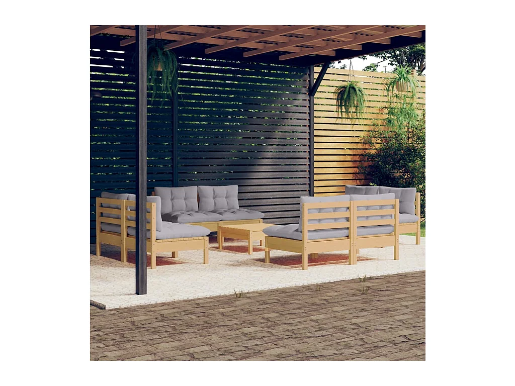 Salon de jardin 9 pcs avec coussins gris bois de pin