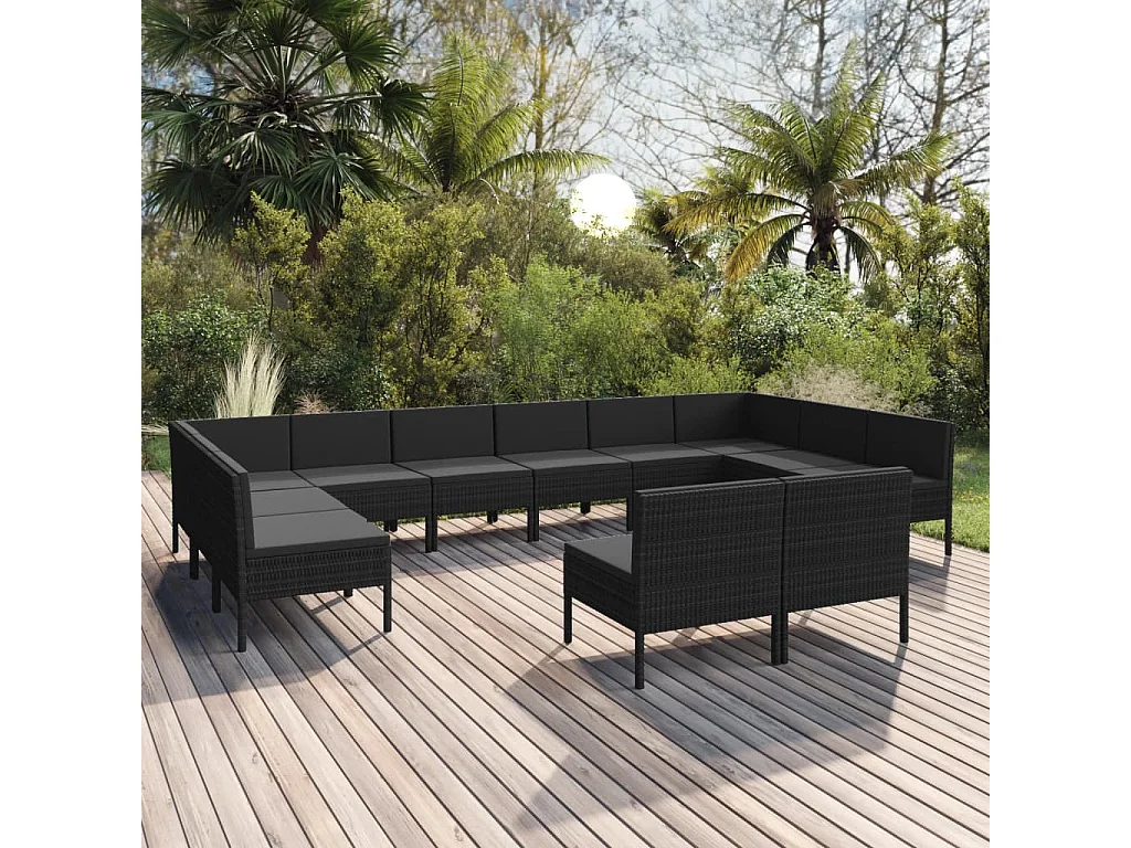 Salon de jardin 12 pcs avec coussins résine tressée noir