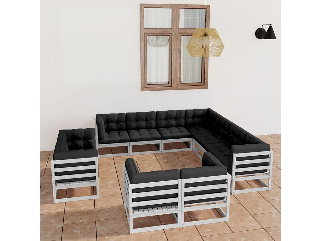 11 pcs conj. lounge de jardim c/ almofadões pinho maciço branco
