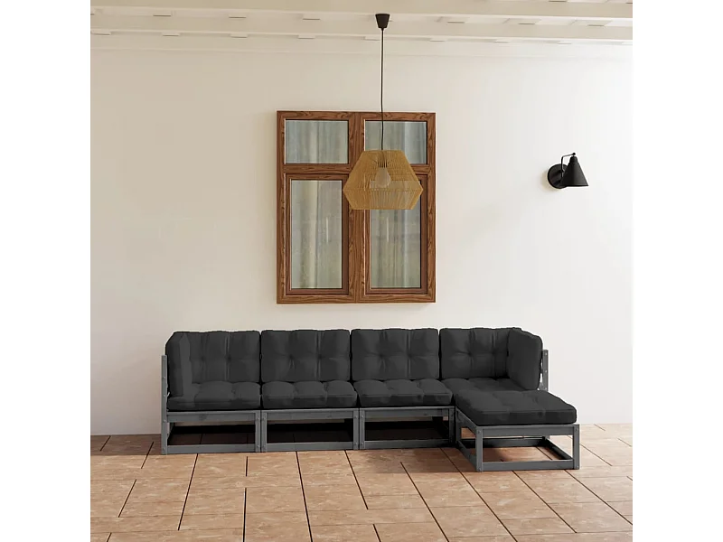 5-delige Loungeset met kussens massief grenenhout