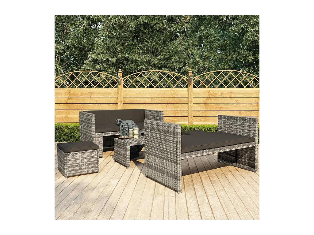 Salon de jardin 5 pcs avec coussins résine tressée gris