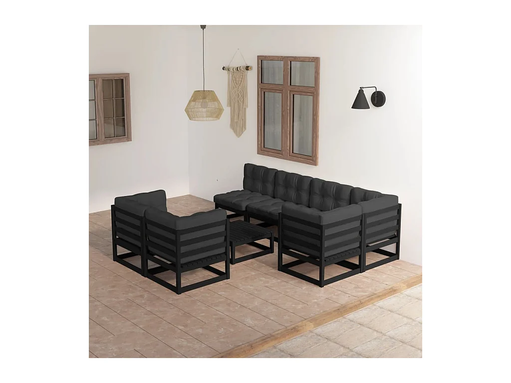 Set Salotto Giardino 8 pz Cuscini Antracite Legno Massello Pino