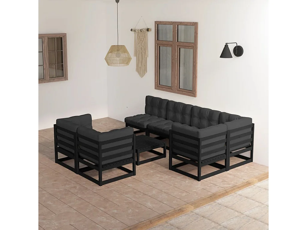 8 pcs conjunto lounge de jardim c/ almofadões pinho maciço
