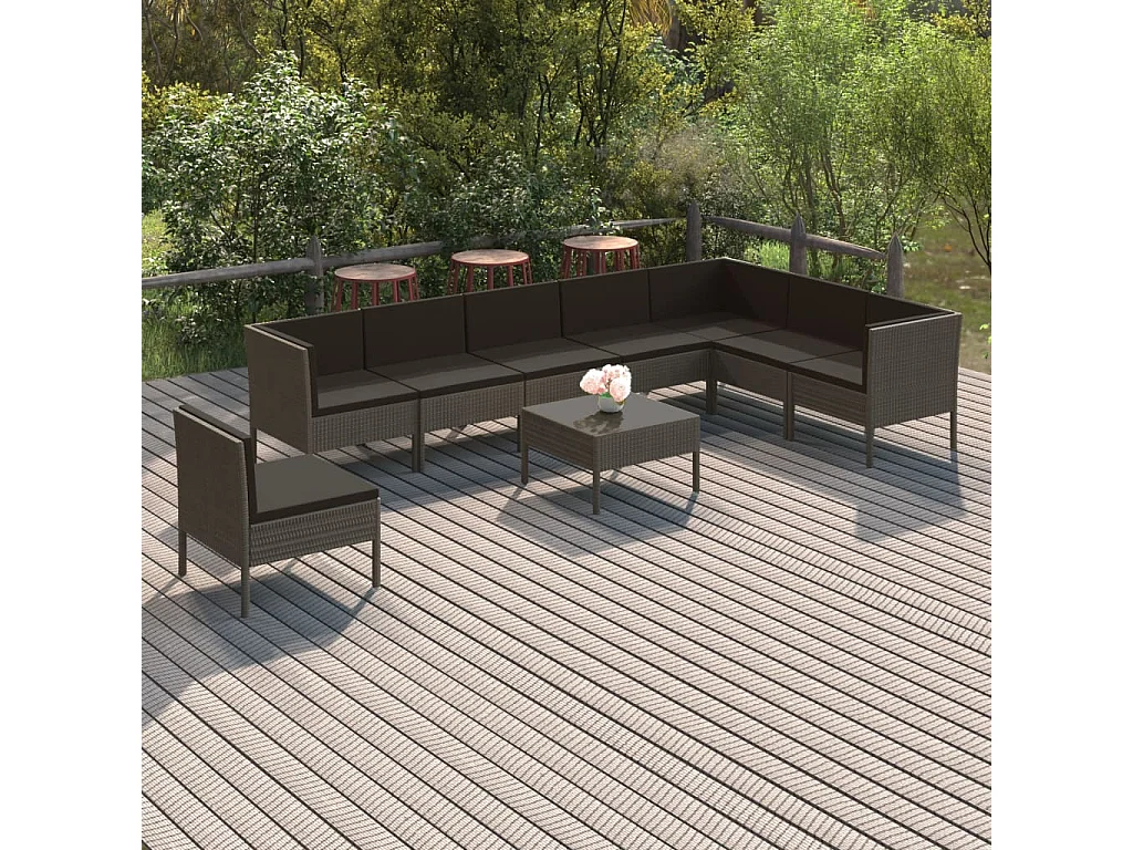 Set Divani da Giardino 9 pz con Cuscini in Polyrattan Grigio
