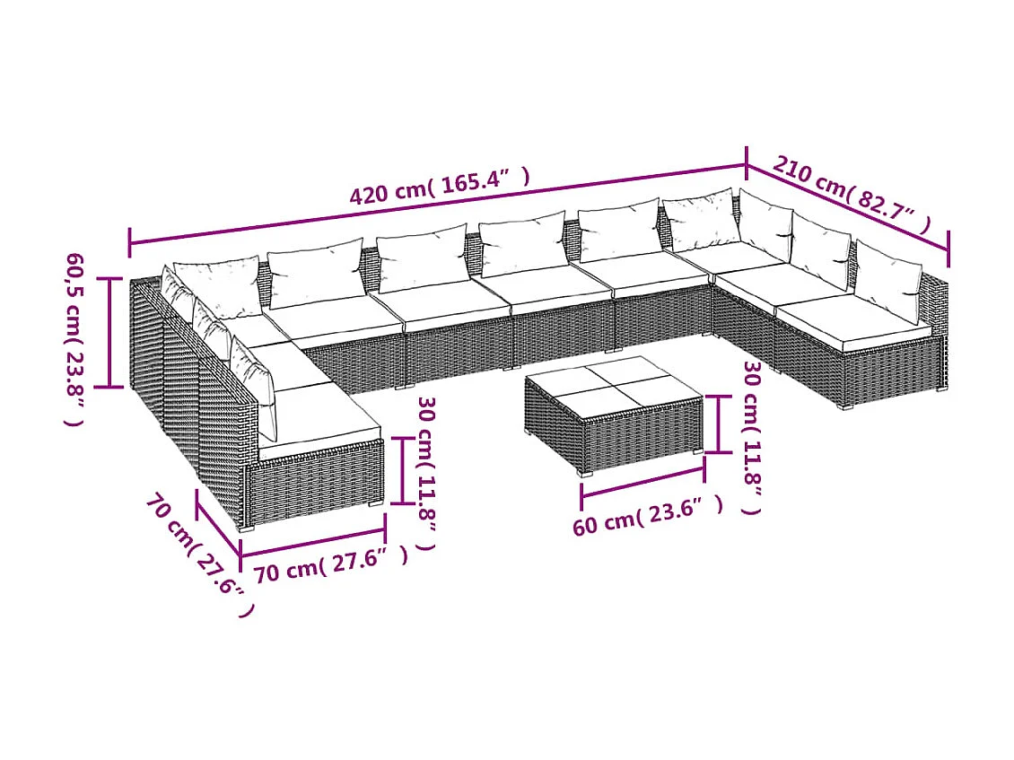 11-tlg. Garten-Lounge-Set mit Kissen Poly Rattan Braun