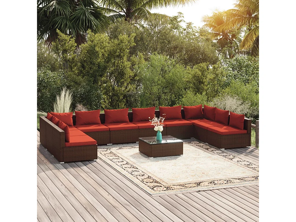 Salon de jardin 11 pcs avec coussins Résine tressée Marron