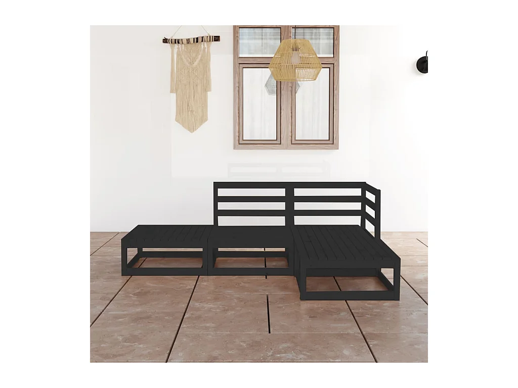 Set Divani da Giardino 4 pz Nero in Legno Massello di Pino
