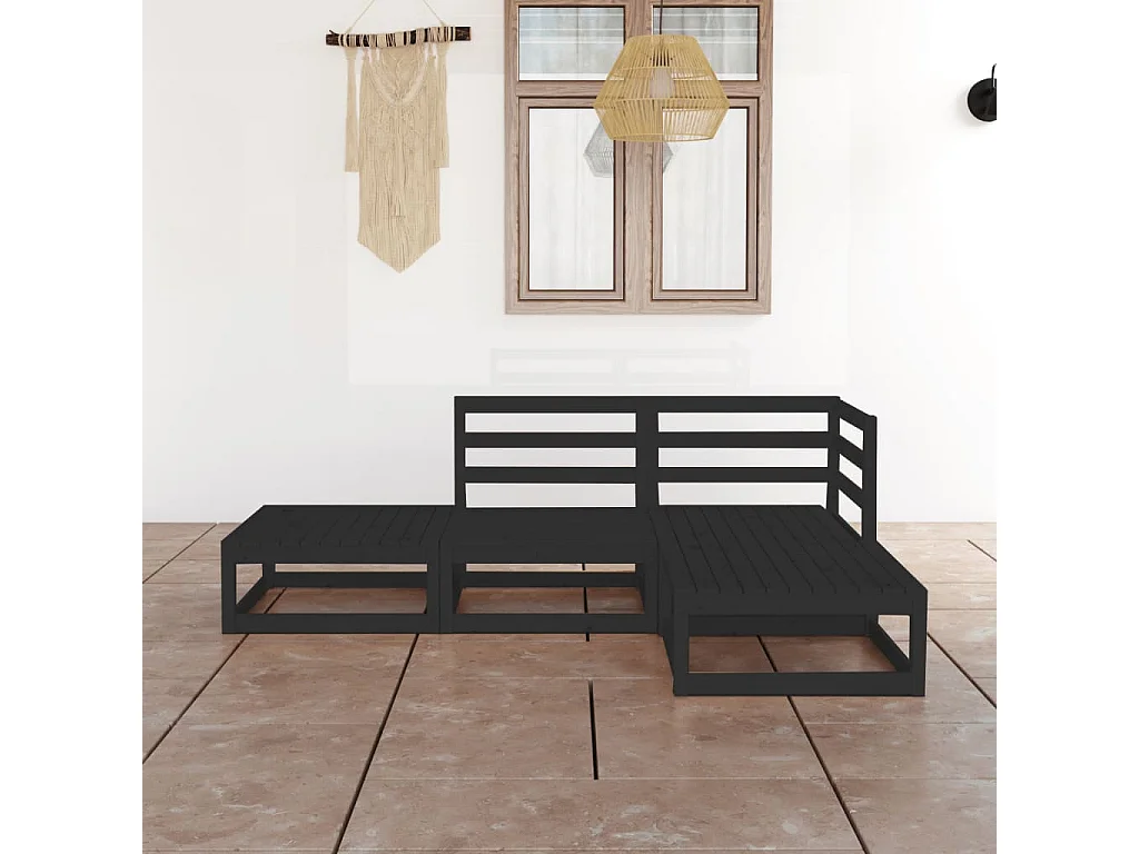 Set Divani da Giardino 4 pz Nero in Legno Massello di Pino